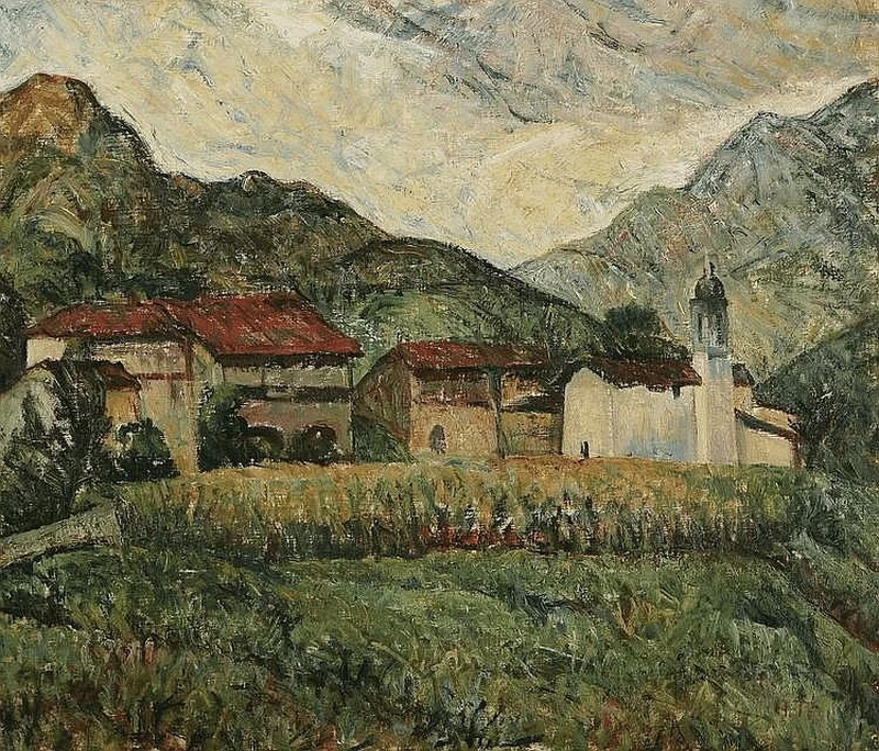 Paesaggio montano con case e chiesa